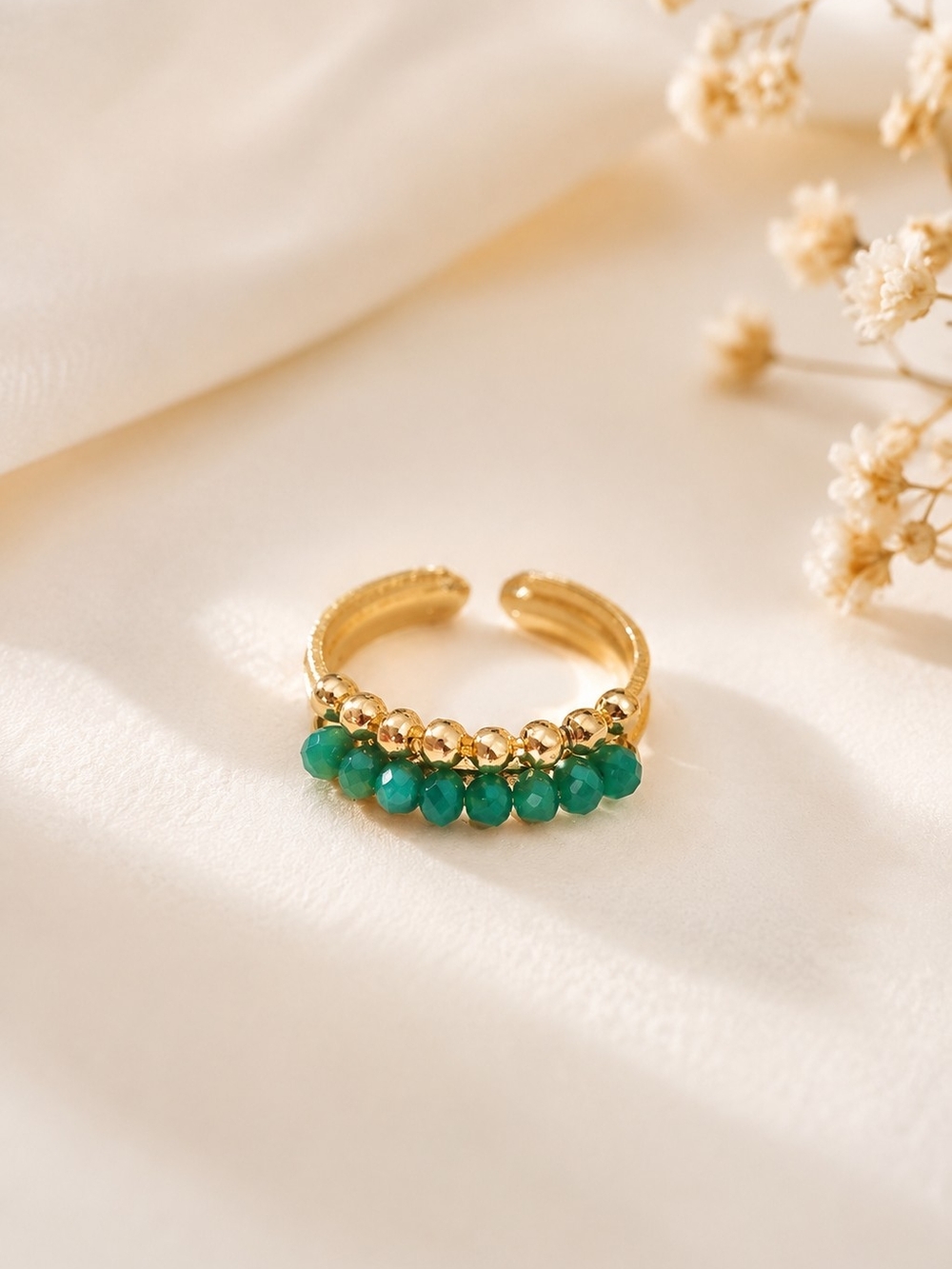 Gold Tone Adjustable Ring with Emerald Green Beads